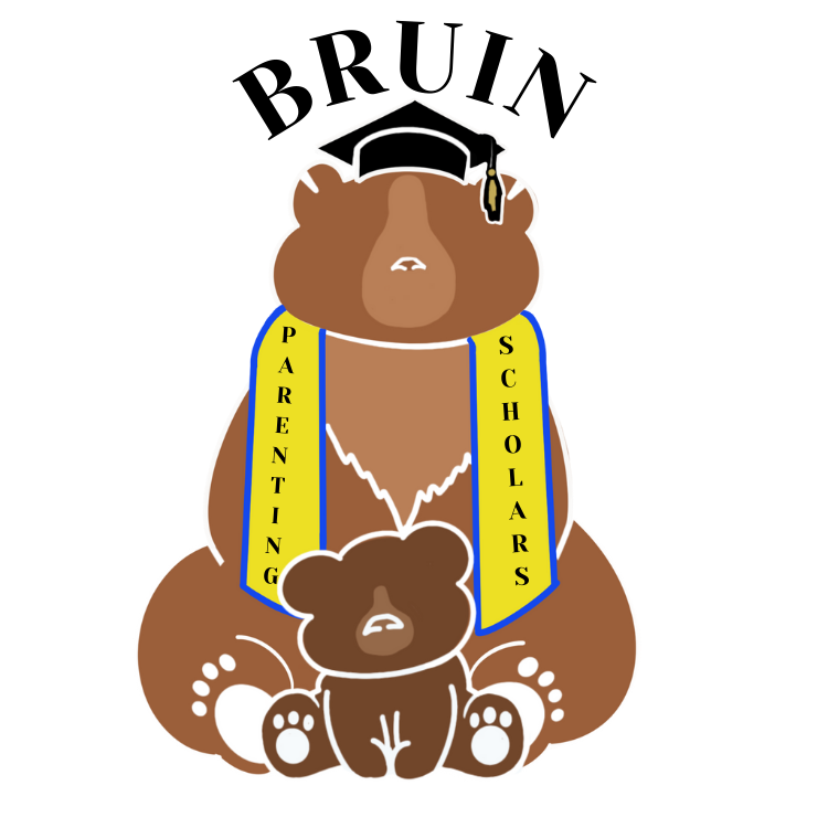 drawing of a bear hugging a cub. The bear is wearing a graduation cap and a gold sash that says "parenting scholars"