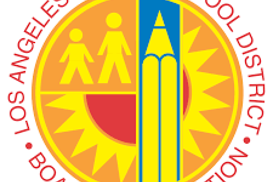 yello logo with sun in the background and a pencil at the forefront with the words Los Angeles Unified School District Board of Education circling it